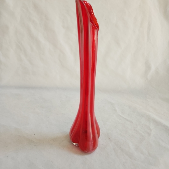 Vintage Swung Art Glass Red Vase w/ White Stripes - Picture 6 of 13